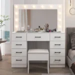 Vanity Desk Set with Large Lighted Mirror and Powre Outlet, Glass Top Makeup Vanity with 9 Drawers, Vanity Table with 12 LED Lights, 3 Lighting Color Adjustable, White - Image 10