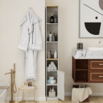 72" Tall Slim Storage Cabinet, 6-Tier Narrow Freestanding Bathroom Cabinet with 1 Door and 2 Adjustable Shelves, Bookcase Display Storage Shelves, Cube CD DVD Storage Cabinet-Antique White - Image 2