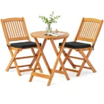 3 Pieces Foldable Acacia Wood Patio Bistro Set, Outdoor Round Table & 2 Ergonomic Chairs with Removable Black Cushions for Balcony Backyard - Image 3