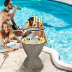 Brown Outdoor Imitation Rattan Ice Cooler Side Table 8Gal 2-Height Adjustable with Drain Plug - Image 12