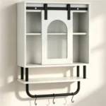 Farmhouse Industrial Wall Mounted Bathroom Cabinet with Sliding Fluted Door, 3‑Tier Storage Organizer with Towel Hooks, for Bathroom Kitchen Laundry Room - Image 2