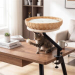 360° Rotatable Desktop Cat Bed Perch, 2-in-1 Workspace Cat Retreat with Jingling Ball (Natural + Black + White) - Image 3
