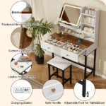 Makeup Vanity with LED Lighted Mirror, 360° Rotatable Mirror, Vanity Desk with 2 Drawers,Power Outlet and 3-Tier Shelves, Amber Glass Table Top, Dressing Table with Sturdy Metal Leg and Stool, White - Image 8