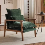 Cloud Shaped Indoor Leisure Chair with Solid Wood Armrest & Solid Wood Frame, Chenille Fabric Accent Chair with Lumbar Pillow, Single Sofa Chair Dark Green - Image 23