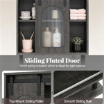 Farmhouse Industrial Wall Mounted Bathroom Cabinet with Sliding Fluted Door, 3‑Tier Storage Organizer with Towel Hooks, for Bathroom Kitchen Laundry Room - Image 3