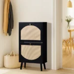 2-Drawer Tall Arched Rattan-Finished Shoe Cabinet Particleboard + Plastic Rattan 21.26*9.45*38.58in Black Frame + Natural Wood-Colored Rattan Top + Black High Legs - Image 11