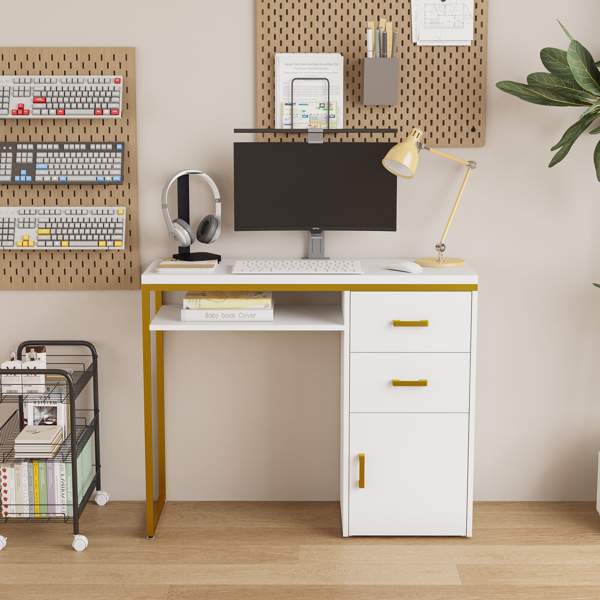 White particleboard and iron pipe, 97*35*78cm, 2 drawers and 1 door, computer desk, suitable for multiple scenarios