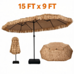 15x9ft Double-Sided Tiki Patio Umbrella with Heavy Duty Weighted Base , 12 Metal Ribs Hawaiian PE Thatch Outdoor Market Umbrella Water Resistant Polyester Canopy for Poolside Tiki Bar Backyard - Image 2
