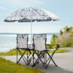 Portable Outdoor 2-Seat Folding Chair with Removable Sun Umbrella Coconut Tree - Image 3