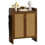 42.5" Tall Rattan Shoe Cabinet with Doors, 6-Tier Wooden Freestanding Shoe Storage Organizer with Adjustable Shelves, Mid-Century Entryway Shoe Cabinet for Hallway & Living Room--Walnut - Image 6