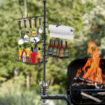 Upgraded BBQ Grill Caddy with Paper Towel Holder, Carbon Steel Griddle Storage Rack with Baskets & 10 Hooks, Rustproof Organizer with C-Clamp Base for Griddle Outdoor Table - Image 3