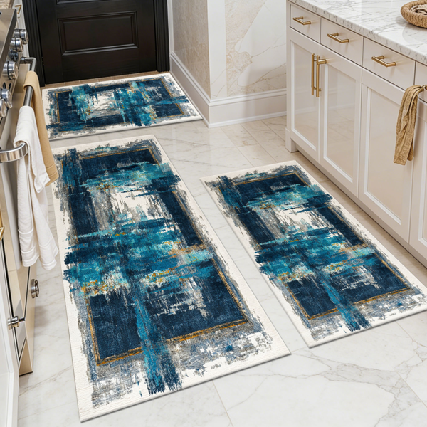 Three-piece kitchen rug set, non-slip and washable, abstract pattern kitchen hallway rug, soft and comfortable, suitable for sinks, floors, entrances, hallways and bathrooms.