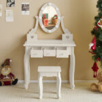 Kids Vanity Set with Mirror and Lights and Stool, 5 Storage Drawers, Pretend Play Princess Makeup Desk Dressing Table and Stool Set for Little Girls Age 3+, Macaroon White - Image 7