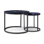 Set 2 Coffee Table Nesting Black top Black Frame Circular Round and Marble Pattern Wooden Tables, Living Room Bedroom Apartment Modern Industrial Simple Nightstand - Image 5