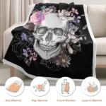 1 pc Floral Skull Throw Blanket, Gothic Sugar Skull with Watercolor Flowers Blanket, Black Background Cozy Sherpa Blanket, Day of the Dead / Halloween Decor, Soft Plush Blanket for Couch Bed Sofa temu can only be self-picked up - Image 9