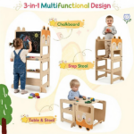 3-in-1 Convertible Toddler Learning Tower Step Stool with Chalkboard, Poplar Wood Flip Design Weaning Table Stool Set Anti-Tip Safety Guardrail 110 LBS Load for Kids 18+ Months Fox Pattern - Image 3