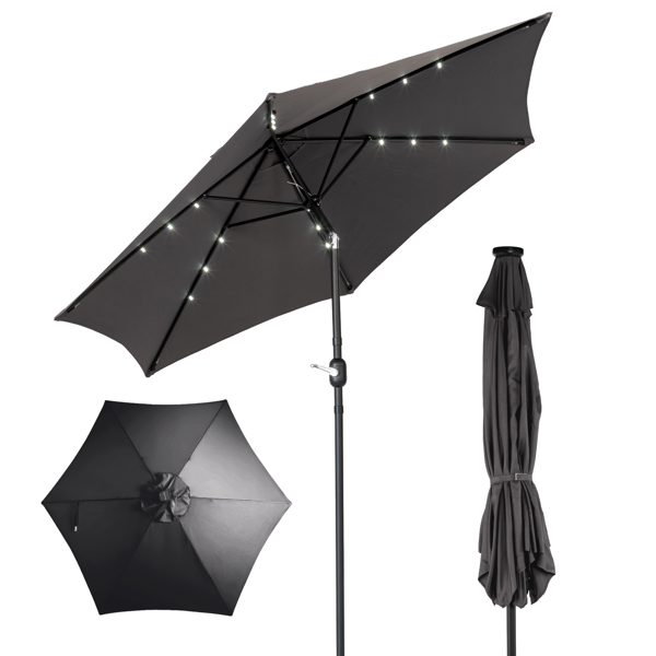 9ft Solar LED Patio Umbrella with Push Button Tilt & Crank, 6 Ribs Waterproof Polyester Outdoor Market Table Umbrella for Garden Backyard Pool, Gray
