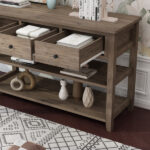 Console Table with Wood Frame and Legs, Sofa Table Entryway Table with 3 Drawers and 2 Open Shelves Wash Gray - Image 9