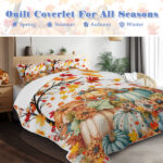 3PCS Colorful Oil Painting Pumpkin Pattern Quilt Set King Size for All Seasons Flower Fall Leaves Bedding Set with 2 Pillowcases for Kids Adults Thanksgiving Day Gifts temu is self-pickup only) - Image 2