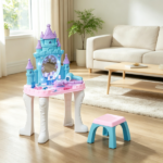 Multicolor Girls Vanity Set – Castle Design Makeup Table with Mirror, Stool, Light, Music for 3-6 Years Old - Image 4