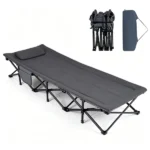 600 LBS Heavy Duty Foldable Camping Cot, 10s Quick Setup Outdoor Sleeping Cot with Cotton-Padded Headrest, Side Storage Pouch Anti-Slip Metal Frame Portable Elevated Sleep Bed with Carry Bag for Camping Travel Home Gray
