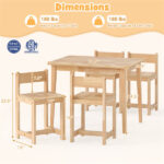 Kids Wooden Table and Chairs Set (1 Table + 4 Chairs), Rubber Wood Toddler Activity Set (Natural - Image 3