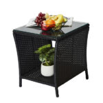 Outdoor Patio Wicker Side Table, Square End Table Bistro Coffee Table with Glass Top Storage Shelf for Porch Garden Backyard Black - Image 14