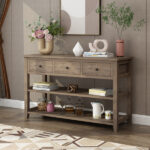 Console Table with Wood Frame and Legs, Sofa Table Entryway Table with 3 Drawers and 2 Open Shelves Wash Gray - Image 6