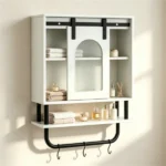 Farmhouse Industrial Wall Mounted Bathroom Cabinet with Sliding Fluted Door, 3‑Tier Storage Organizer with Towel Hooks, for Bathroom Kitchen Laundry Room - Image 6