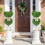 2 Pack Whimsical Bear Topiary Trees Artificial Boxwood Greenery with Golden Bows for Indoor Outdoor Spring Decor - Image 3