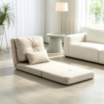 Beige Convertible Floor Sofa Bed – No Assembly Required Folding Upholstered Couch, Adjustable Backrest Floor Chair