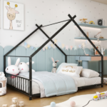 Full Size Metal House Bed Frame, Montessori Floor Bed with Safety Side Guard Rails, No Box Spring Needed, House-Shaped Platform Bed for Kids Toddlers Boys Girls, Black - Image 12