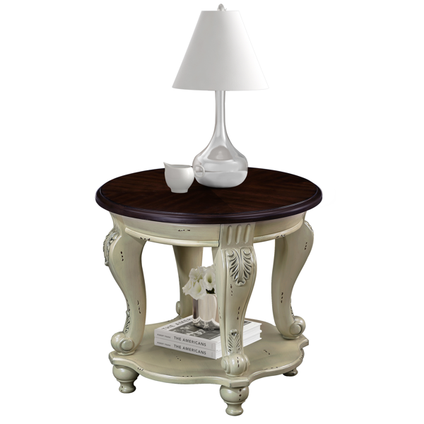 22'' Two Tone Round End Table,Solid Wood Sofa Side Table with Shelf,Living Room Corner Table Easy Assemble,Beige and Espresso Top