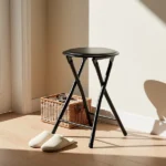 Folding Stool with Round Seat, Black Metal Frame, Portable Space-Saving Design (Shipment from Walmart)