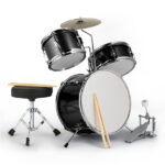14"x10" 3-Pieces Junior Kids Drum Set Kit Pedal Drum Stick Wrench Drum Stool Black - Image 3