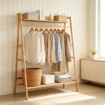 Natural Bamboo Clothing Rack, Multi-Layer Garment Organizer with Top & Bottom Storage Shelves, Side Hooks Hanging Rod, Stable A-Shape Structure Anti-Toppling Device 88LBS Capacity Freestanding Storage Rack for Bedroom Entryway - Image 7