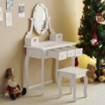 Kids Vanity Set with Mirror and Lights and Stool, 5 Storage Drawers, Pretend Play Princess Makeup Desk Dressing Table and Stool Set for Little Girls Age 3+, Macaroon White - Image 5