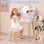 White and pink crown element, MDF + particleboard + solid wood legs, painted and melamine laminated, 4-drawer children's dressing table set - Image 4