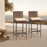 Set of 2 Patio Wicker Barstools, Outdoor Bar Height Chairs with Seat Cushions & Footrests for Patio Porch Backyard Living Room Balcony, Brown Gradient Rattan & Beige Cushion - Image 13