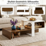 2-Tier Modern Geometric Coffee Table Engineered Wood Low Center Table with Storage Shelf, Waterproof Surface Cross Base Accent Table for Living Room Tea Game Work - Brown & White - Image 7