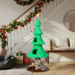 59in Large Tall Christmas Tree Cat Tower with 2 Cat Condos & Scratching Post, Soft Fleece Cat Tree with Teaser Toy & Sturdy Base & Built-in Openings for Indoor Cats, Green - Image 7