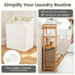 Natural Bamboo Tilt Out Laundry Hamper Cabinet with 2 Removable 7 Gallon Fabric Baskets, Open Storage Shelves Ventilated Slatted Design Anti-Tip Laundry Sorter for Bathroom Bedroom Laundry Room - Image 4
