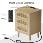 3-Drawer Nightstand with Rattan-Style Finish 15.75"*13.78"*23.82" with Power Outlet Oak - Image 8