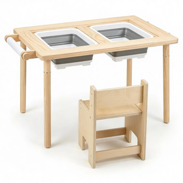 1edcb592-fa3d-405a-899e-35fdb9d17e8f.png 6-in-1 Kids Adjustable Height Sensory Activity Table with Chair, Natural Pine Wood Water Sand Play Table Building Block Art Craft Center for Toddlers 3+ Years Old - Image 1