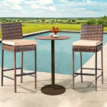Set of 2 Patio Wicker Barstools, Outdoor Bar Height Chairs with Seat Cushions & Footrests for Patio Porch Backyard Living Room Balcony, Brown Gradient Rattan & Beige Cushion - Image 11
