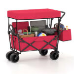 Foldable Utility Wagon,Adjustable Handle Outdoor Wagon, Puncture-Proof Wheels with Brakes, Removable Bag & Side Pockets-Red - Image 2