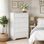 5-Drawer Cabinet with Solid Wood Veneer and Paint P2 MDF + P2 Particleboard Storage Cabinet 31.3*15.55*47.24in White
