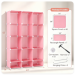 3-Cube Pink Modular Kids Closet, PP & Metal Storage Organizer with Hanging Rods, Tool-Free Assembly Baby Wardrobe for Clothes Toys Books - Image 8