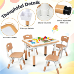 Height Adjustable Kids Desk and 4 Chairs Set, Graffiti Wipeable Tabletop Toddler Activity Table with Storage Baskets Natural - Image 3