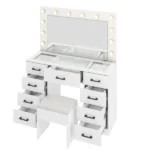 Vanity Desk Set with Large Lighted Mirror and Powre Outlet, Glass Top Makeup Vanity with 9 Drawers, Vanity Table with 12 LED Lights, 3 Lighting Color Adjustable, White - Image 5